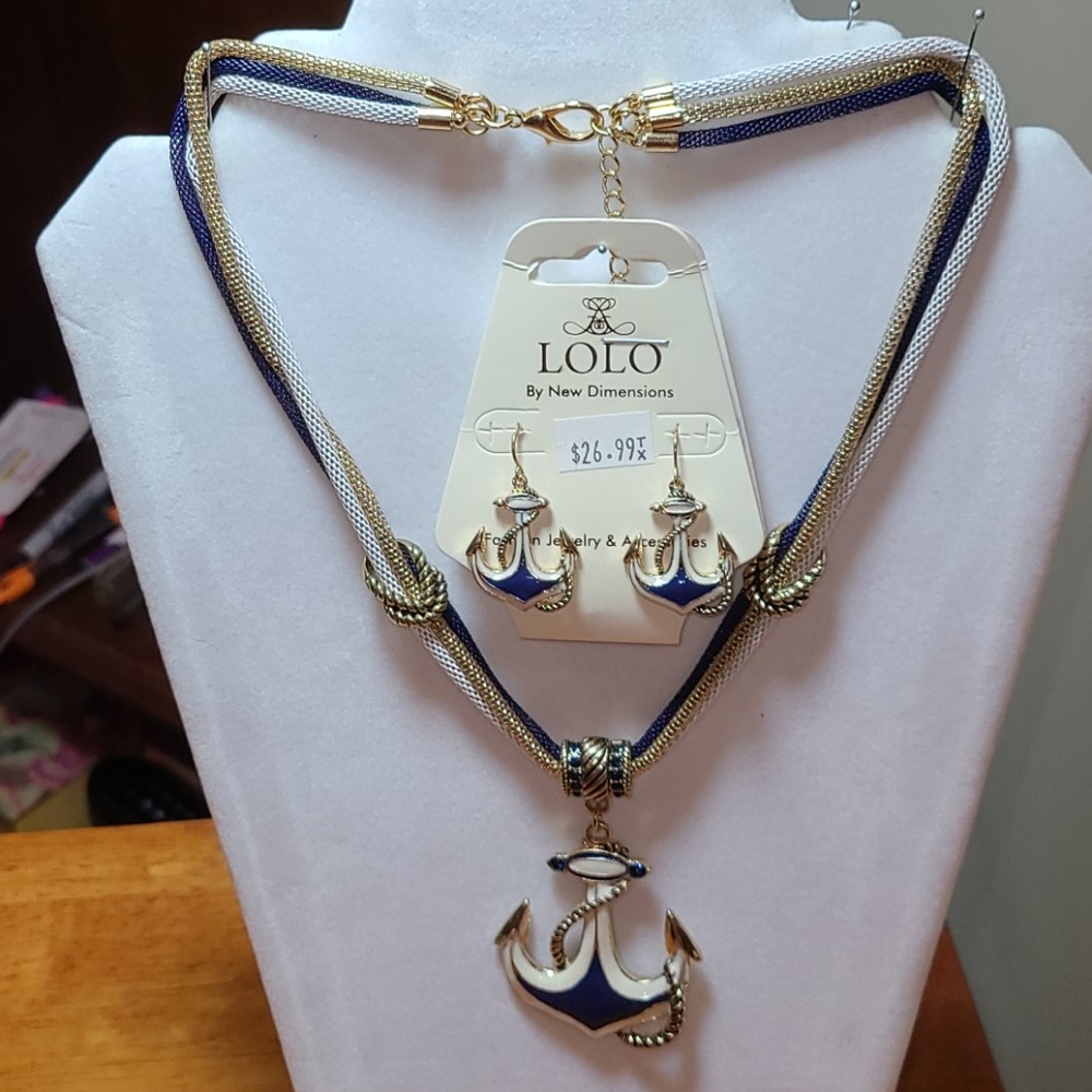 Blue & White Anchor Beaded Necklace
